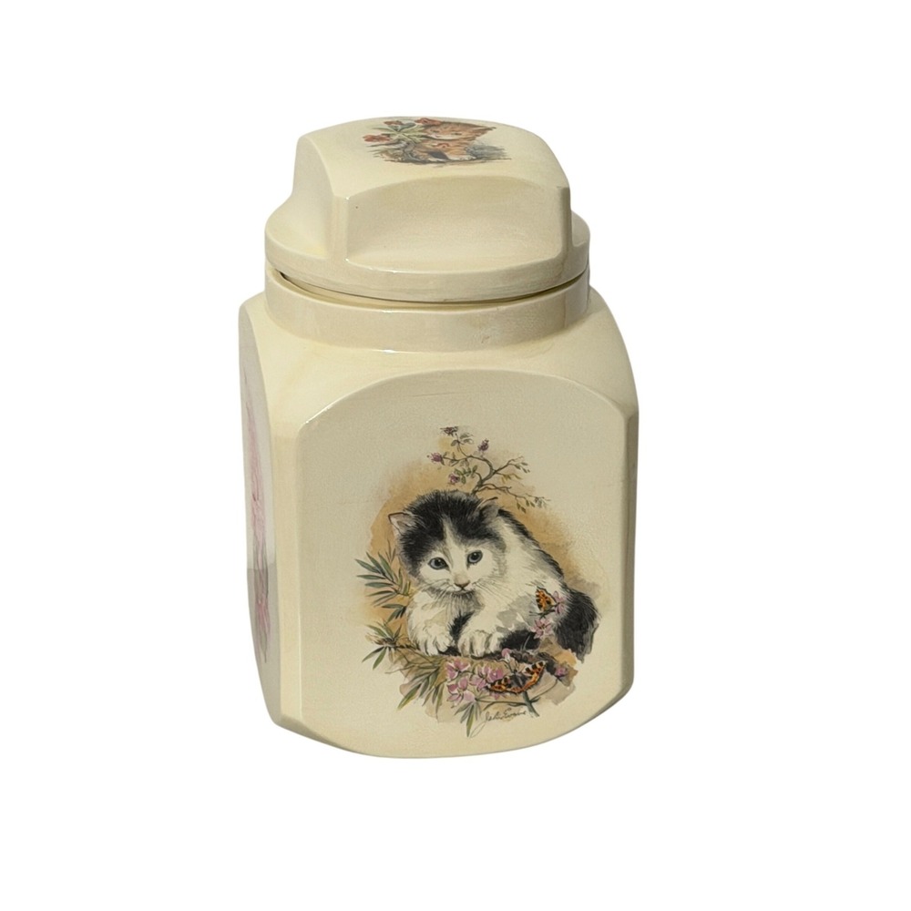 RARE John Evans Kitten Ceramic Vintage Cream Floral Cat Apothecary Jar Decor